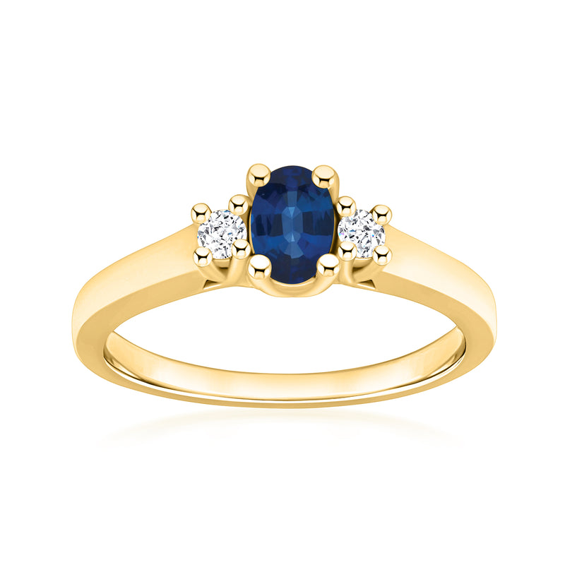 14kt yellow gold ring with blue sapphire center and two round diamond accents