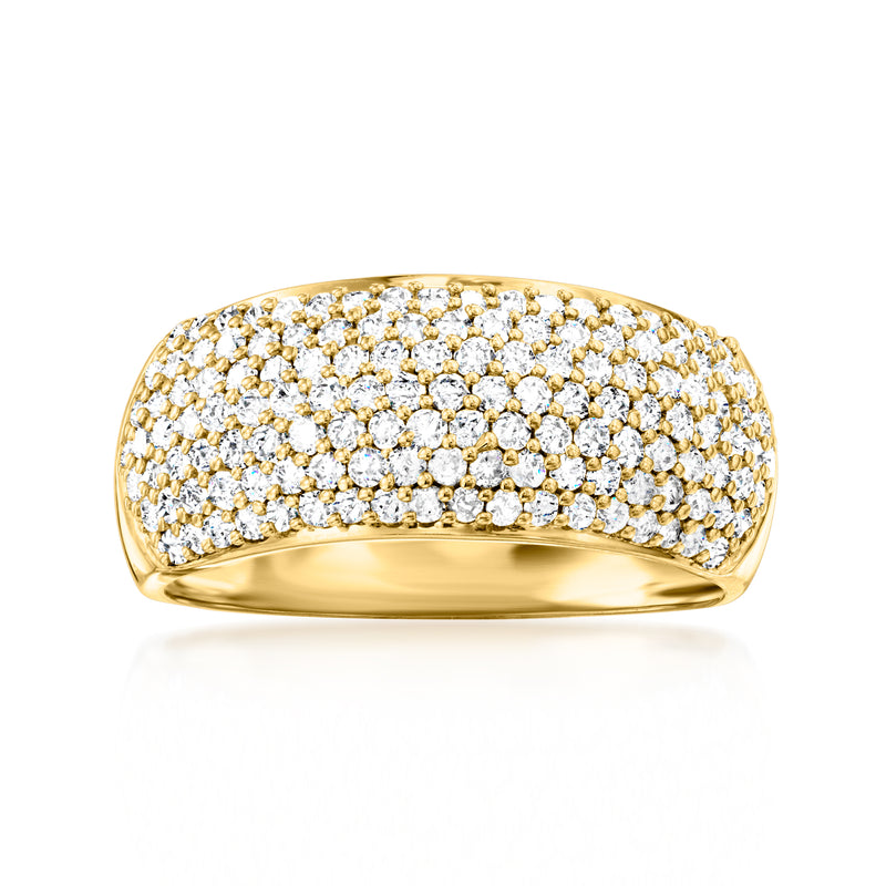 14kt yellow gold pave diamond band with round stones across the top