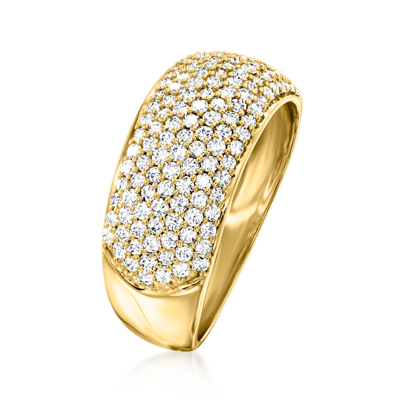 14kt yellow gold pave diamond ring, side view with continuous round stone setting