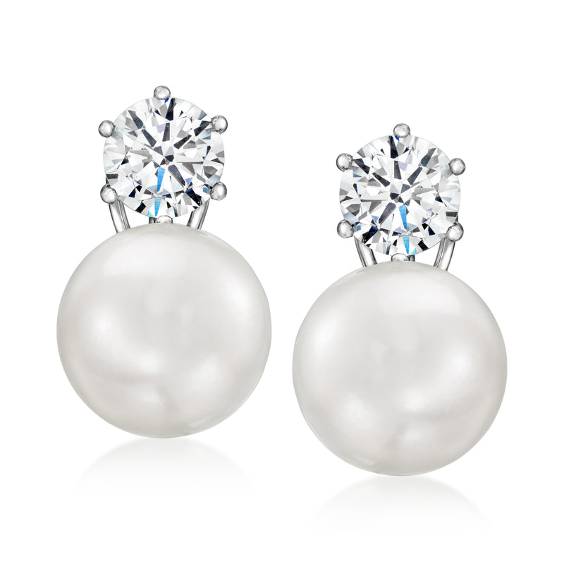 Sterling silver pearl and CZ stud earrings with white round pearl and clear CZ cluster