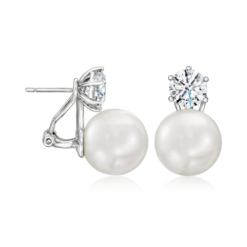 Sterling silver pearl and CZ clip/post earrings, showing clasp and white round pearl
