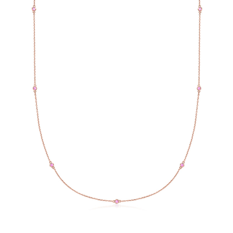 14kt rose gold station necklace with small pink sapphire bezel stations