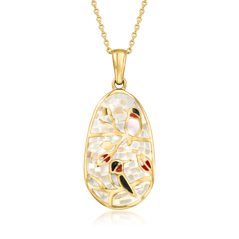 Oval mother-of-pearl bird pendant necklace, red inlay, gold-tone chain