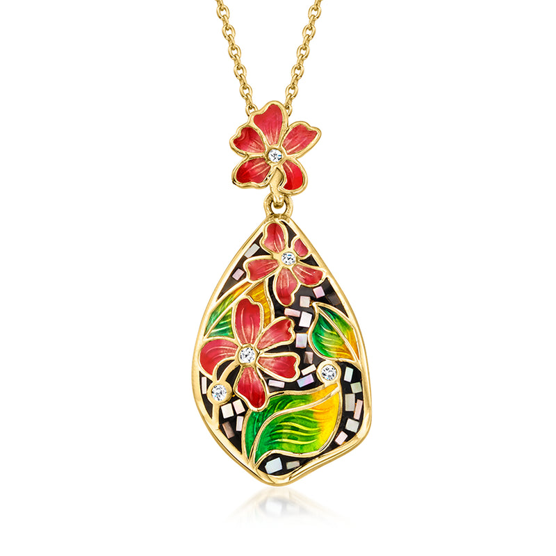 Multicolored enamel floral teardrop pendant necklace on 18kt gold over sterling chain