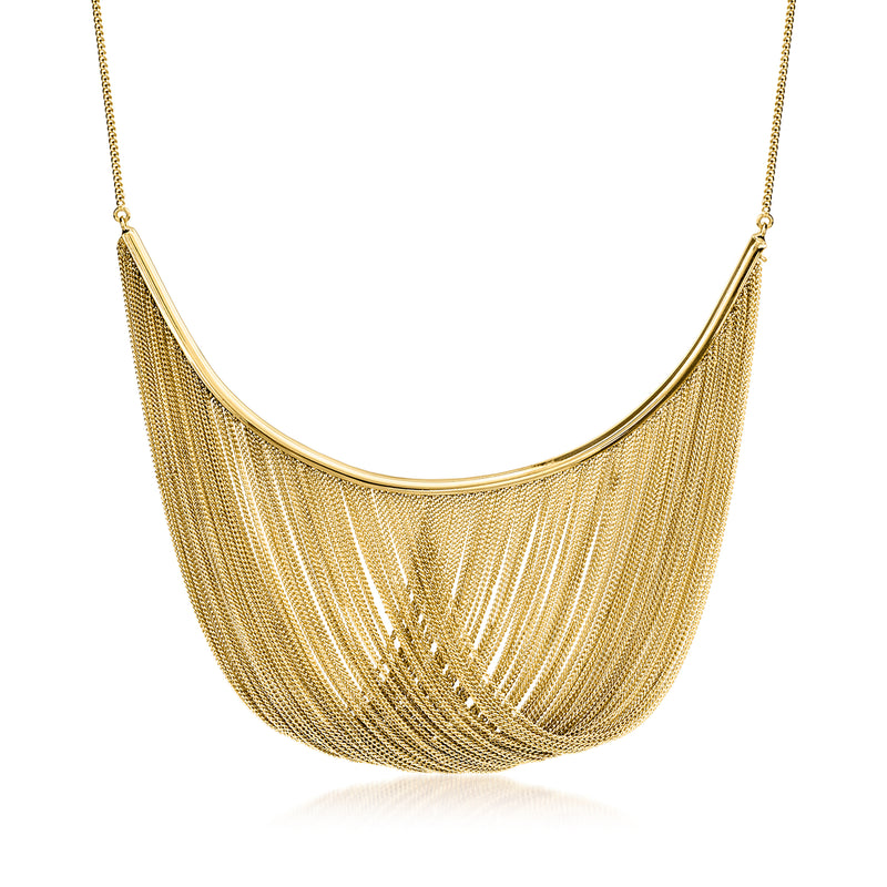 Vintage yellow gold bib necklace with curved mesh fringe and chain links