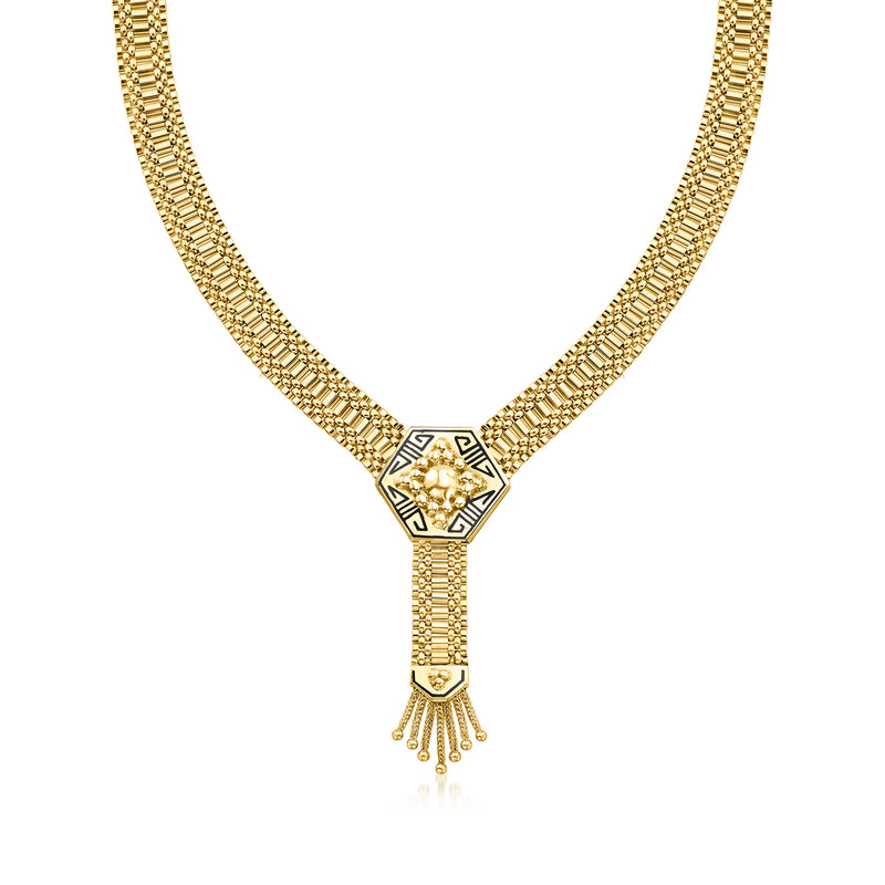 14kt yellow gold Y-necklace with geometric black enamel pendant and dangling tassel