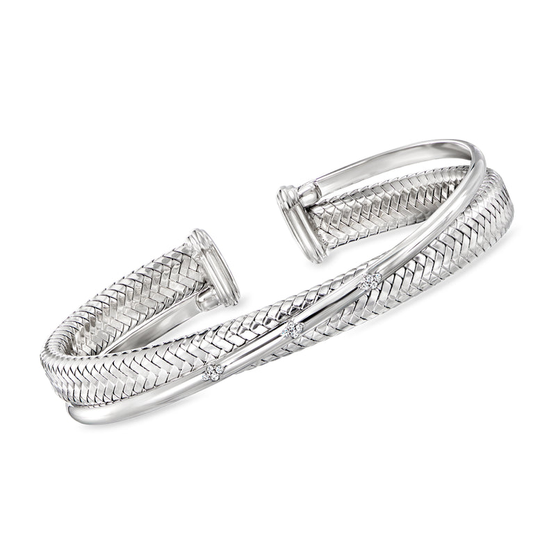 Sterling silver mesh cuff bracelet with braided texture and small round CZ accents