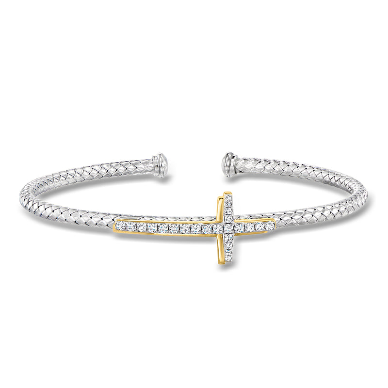 Sterling silver cross bracelet with CZ stones and gold-tone vertical accents