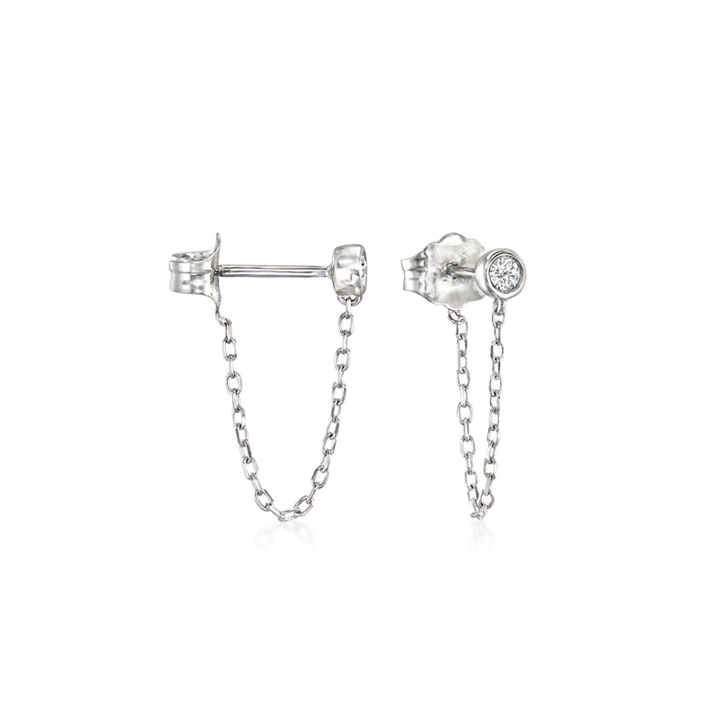 Sterling silver diamond stud drop earrings with cable-chain dangles