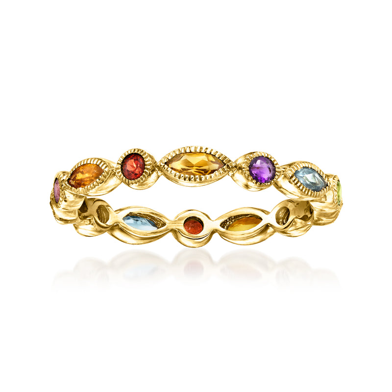 14kt yellow gold eternity band with oval multicolor gemstones in geometric settings