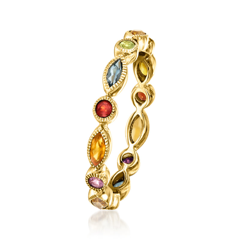 14kt yellow gold geometric eternity band with multicolor gemstones, side view