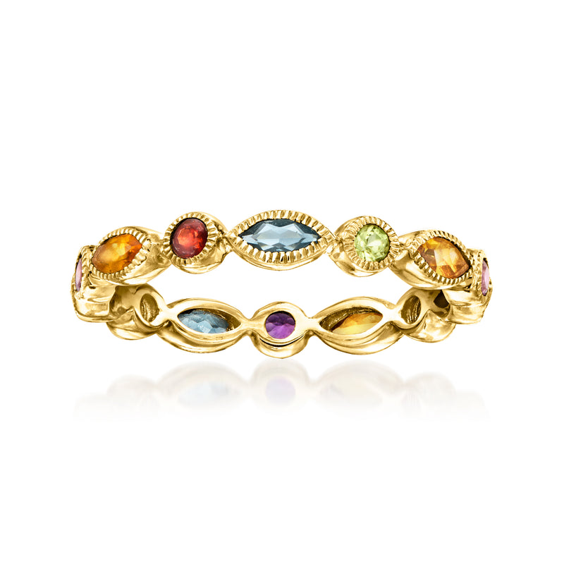 14kt yellow gold eternity band with six multicolor gemstones in geometric bezels