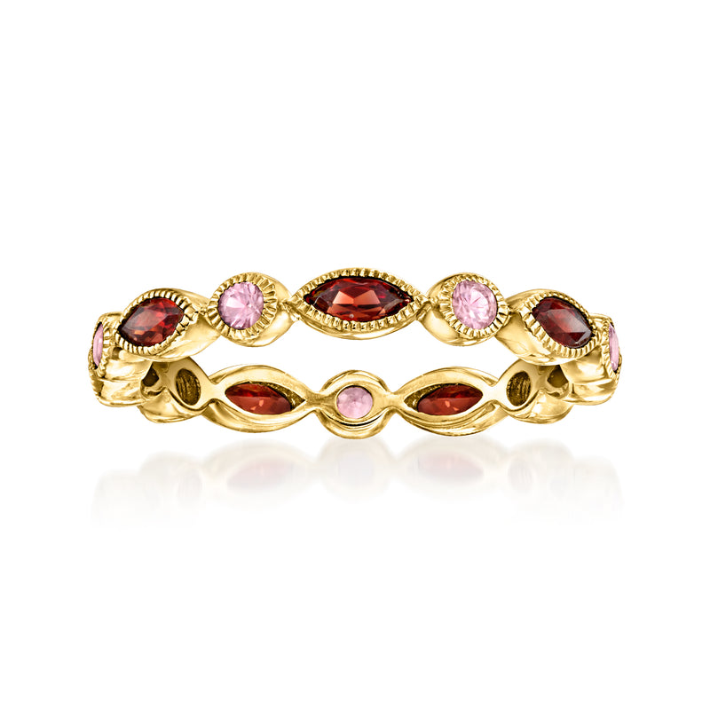14kt yellow gold geometric eternity band with garnet and pink sapphire stones