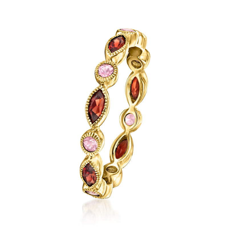 14kt yellow gold geometric eternity band with oval garnet and pink sapphire accents