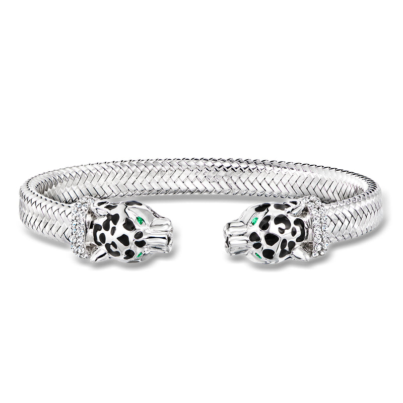 Sterling silver panther head cuff bracelet with woven chain and green CZ accents