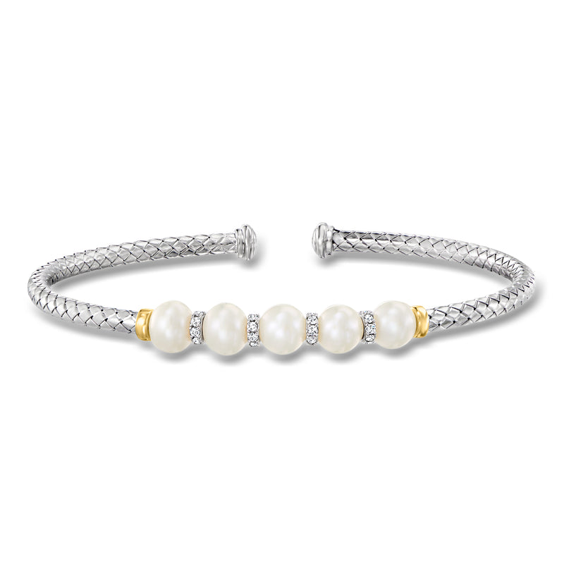 Cultured pearl and CZ cuff bracelet in sterling silver with 18kt gold accents