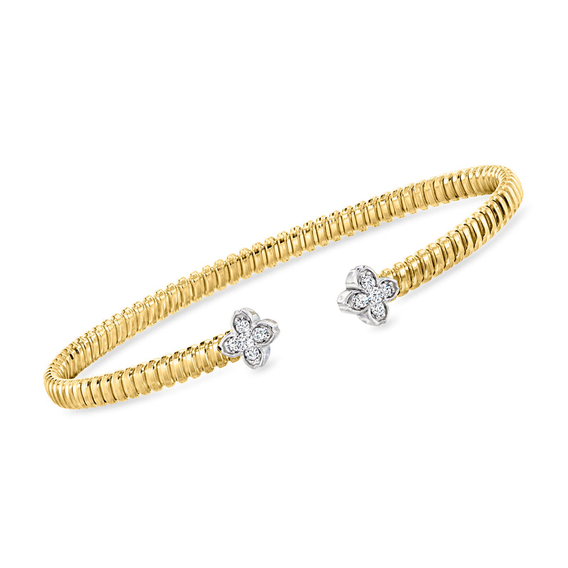 Gold cuff bracelet with CZ flower accents in silver tone