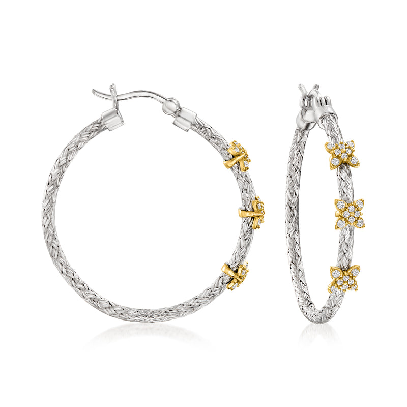 Sterling silver hoop earrings with yellow gold butterfly stations and clear CZ accents