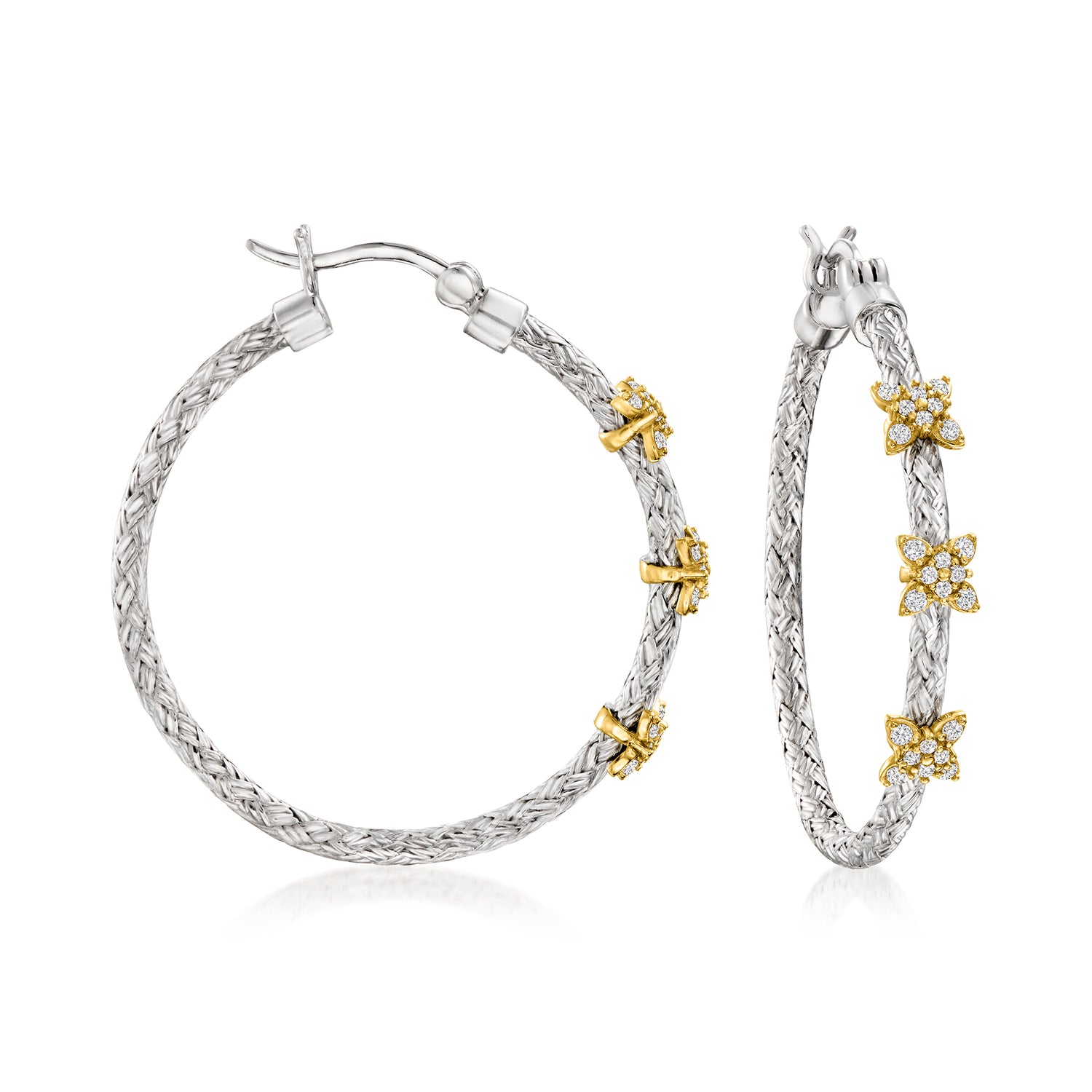 Charles Garnier .30 ct. t.w. CZ Butterfly Station Hoop Earrings in Sterling Silver and 18kt Gold Over Sterling