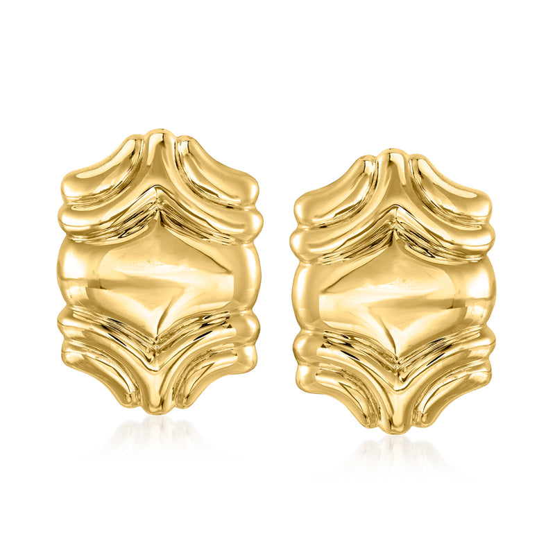 Vintage 18kt yellow gold geometric puffed stud earrings with scalloped starburst design