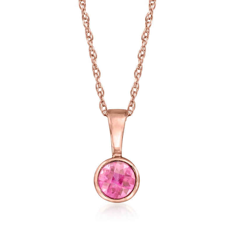 14kt rose gold necklace with round pink topaz pendant on cable chain