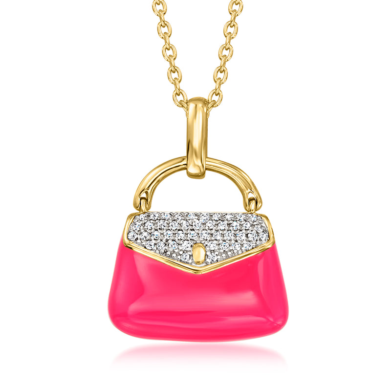 Diamond and pink enamel purse pendant necklace in 18kt gold over sterling