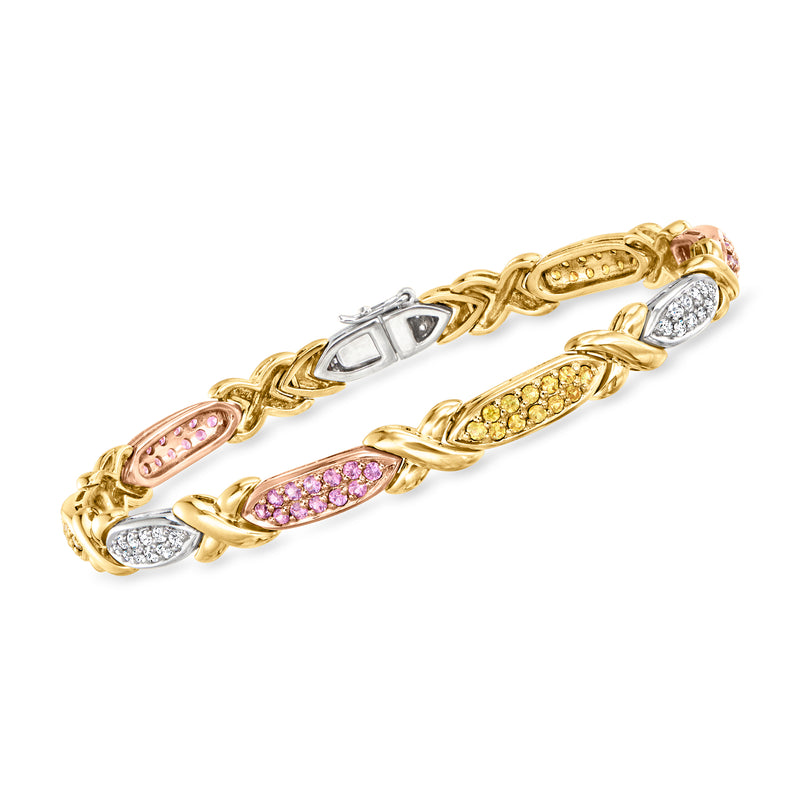 Tri-colored gold bracelet with pink and yellow sapphires and diamond accents