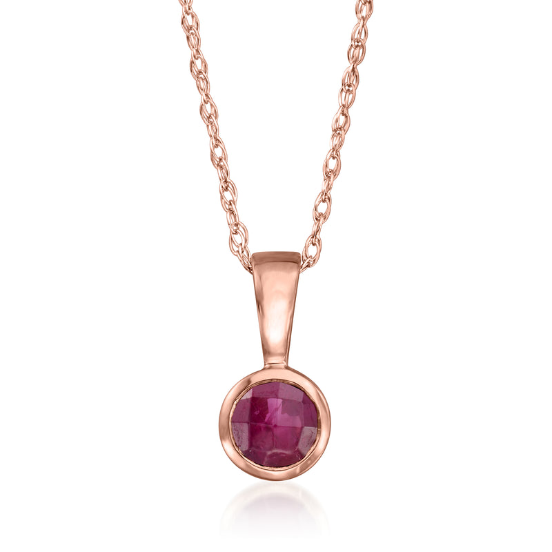 14kt rose gold pendant necklace with round ruby in teardrop bezel setting