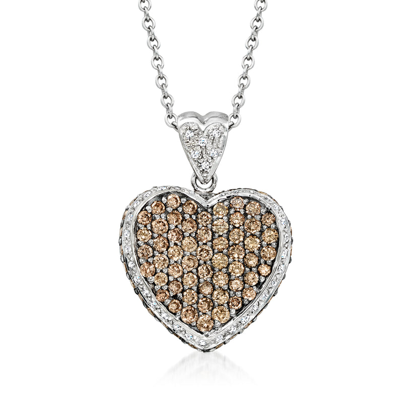 14k white gold heart diamond pendant with brown and white stones on a link chain