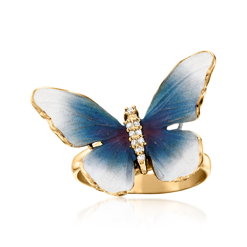 Butterfly ring with blue enamel and diamond accents in 18kt yellow gold