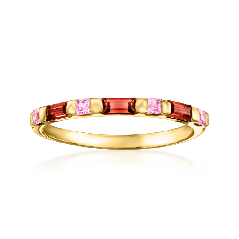 14k yellow gold ring with pink sapphire and garnet gemstones across the top