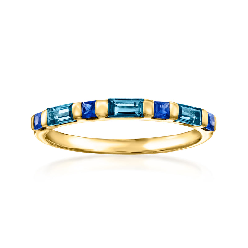 14kt yellow gold ring with blue topaz and sapphire baguette stones in channel setting