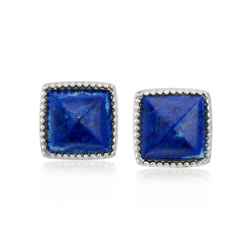 Square lapis lazuli stud earrings in sterling silver bezel, beaded edge