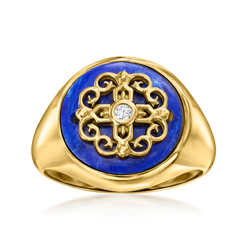 18kt gold over sterling lapis signet ring with single round white zircon center
