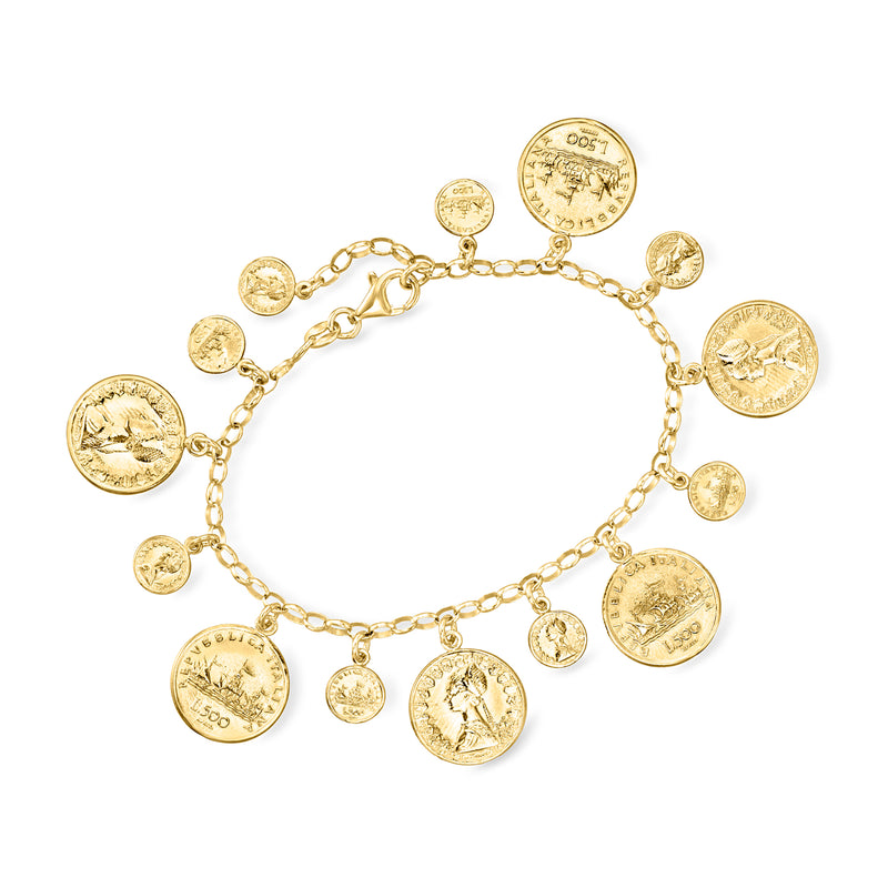 Gold-tone coin charm bracelet with round circular lira-style medallions on a chain