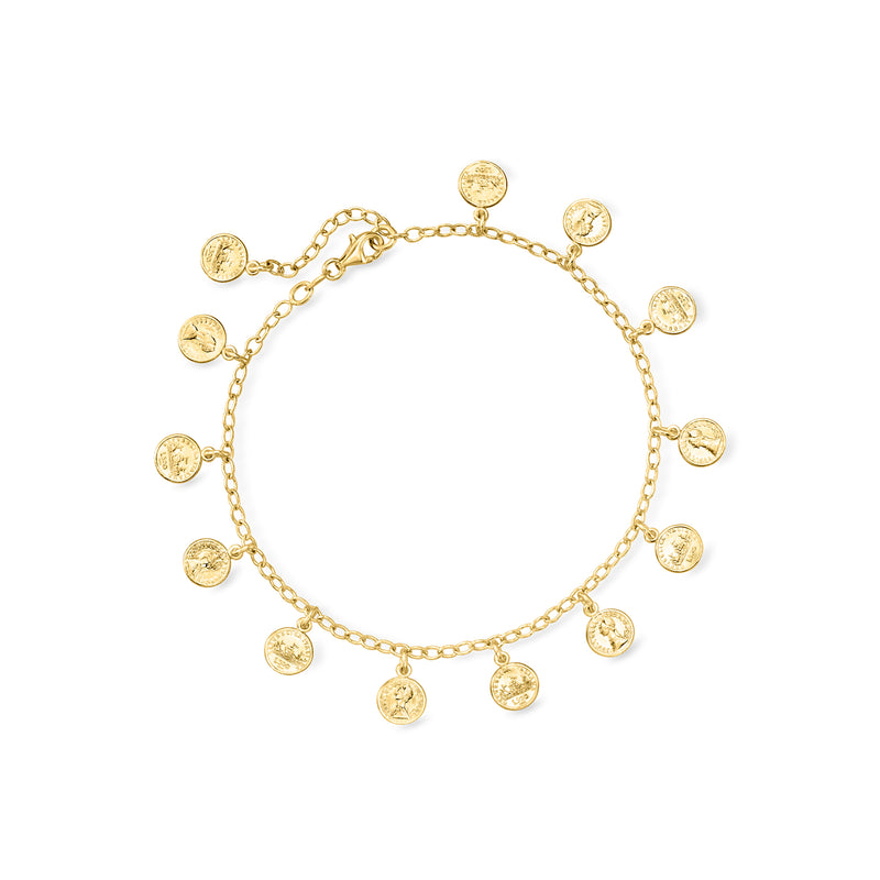 Gold-tone coin charm anklet with round lira-style medallions and clasp