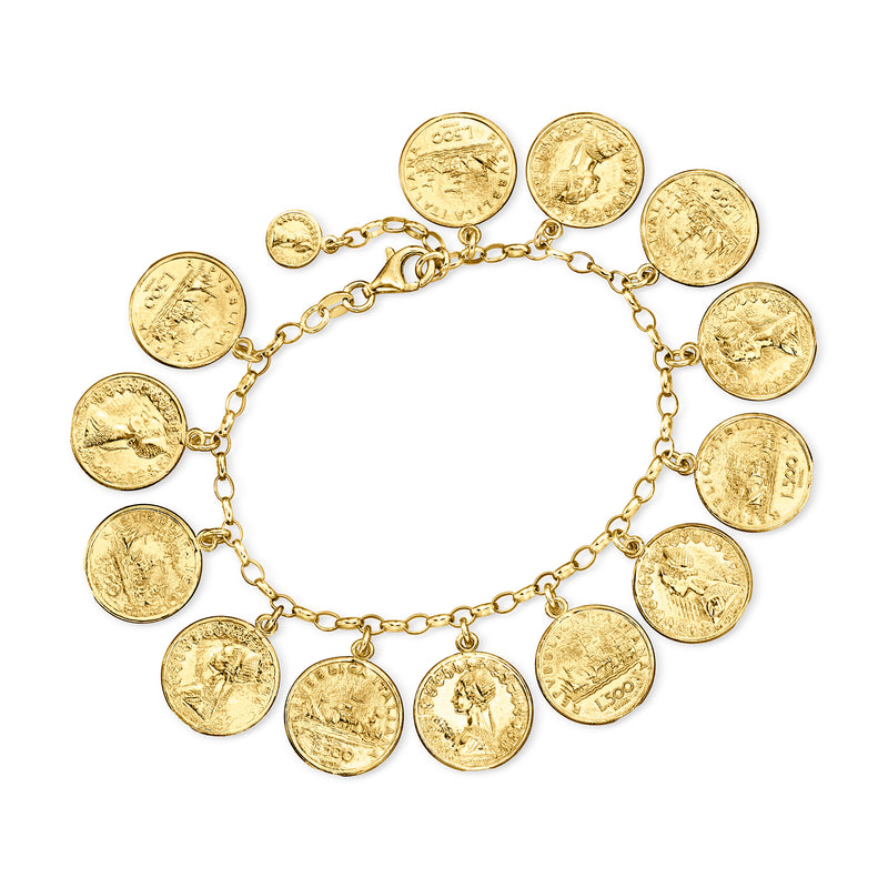 Gold-tone coin charm bracelet with circular lira coin medallions on a link chain