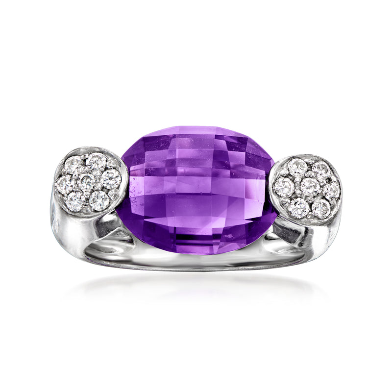 Amethyst step-cut oval ring with diamond clusters in 18kt white gold