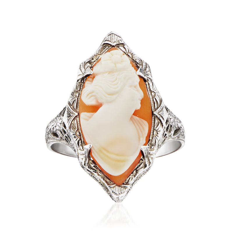 Vintage marquise cameo ring with orange shell inset and white cameo figure in 14kt white gold