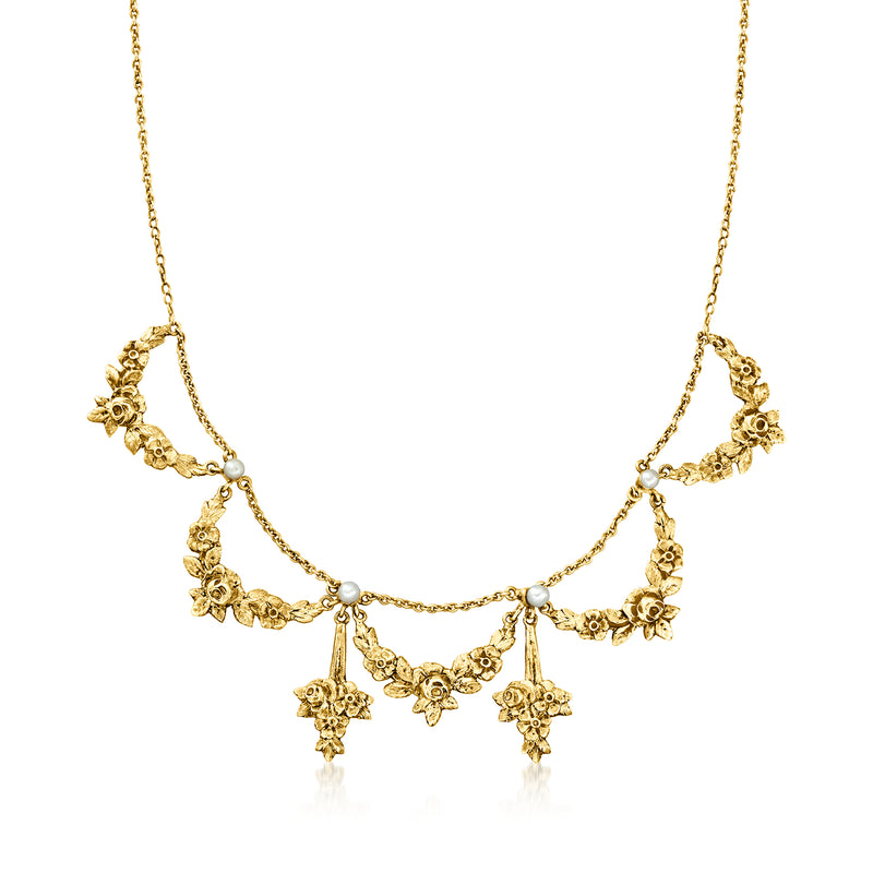 18kt yellow gold scalloped flower necklace with cultured pearl drops