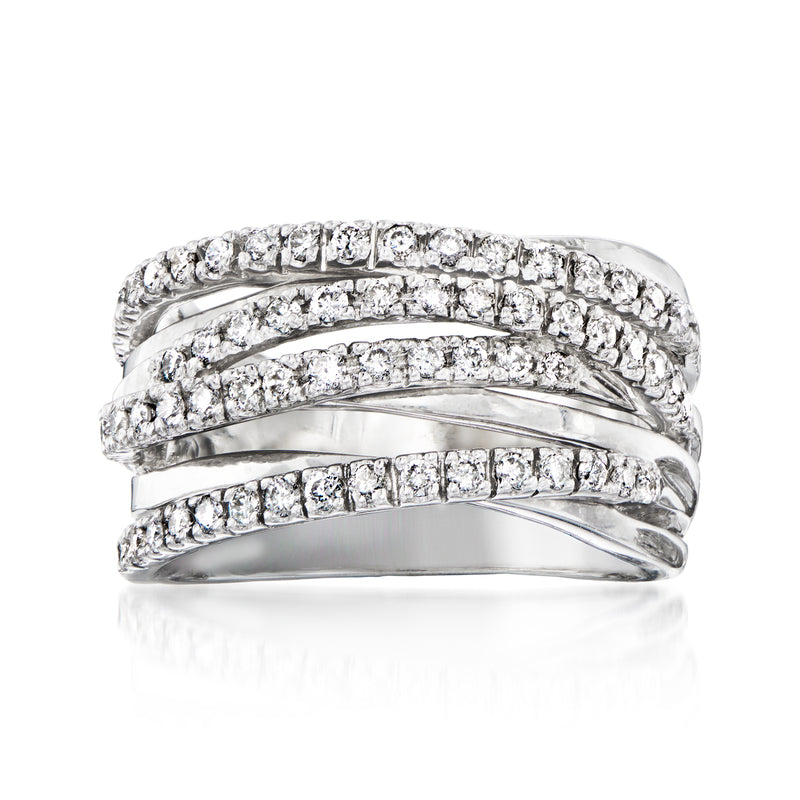 Vintage diamond highway ring in 14kt white gold, multi-row curved band