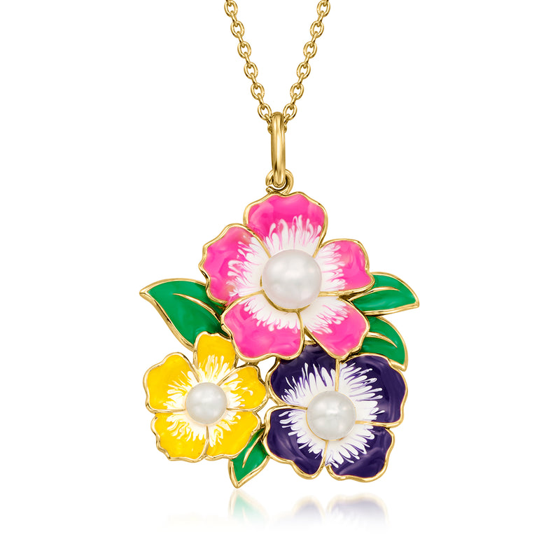 Gold pendant necklace with multicolored enamel flowers and three cultured pearls