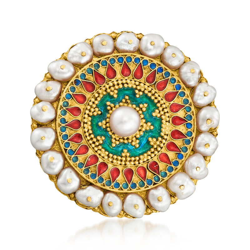 Vintage multicolored enamel disc pin with white cultured pearls on 22k yellow gold
