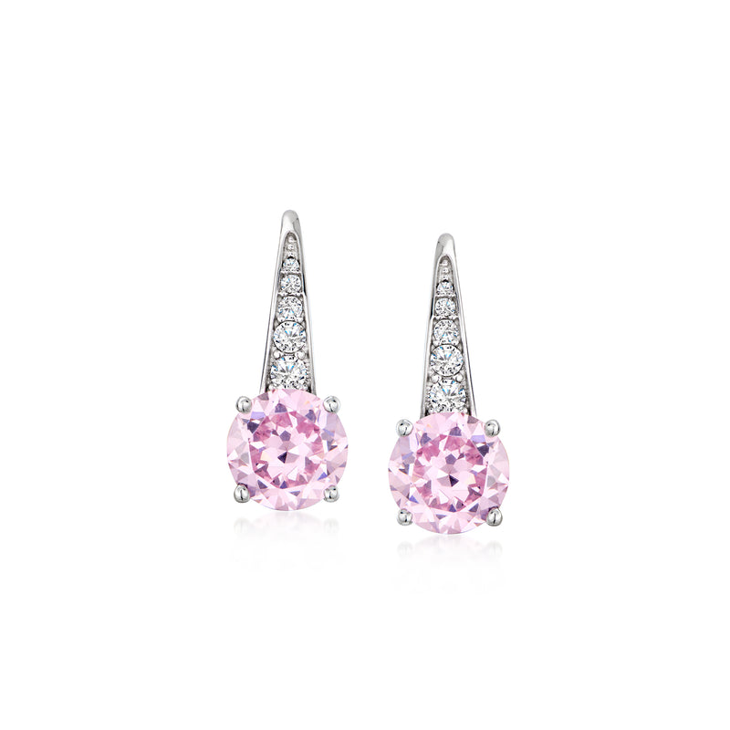 Sterling silver leverback drop earrings with pink simulated sapphire and CZ accents
