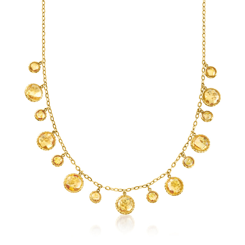 Yellow gold necklace with round citrine drop beads along a delicate chain