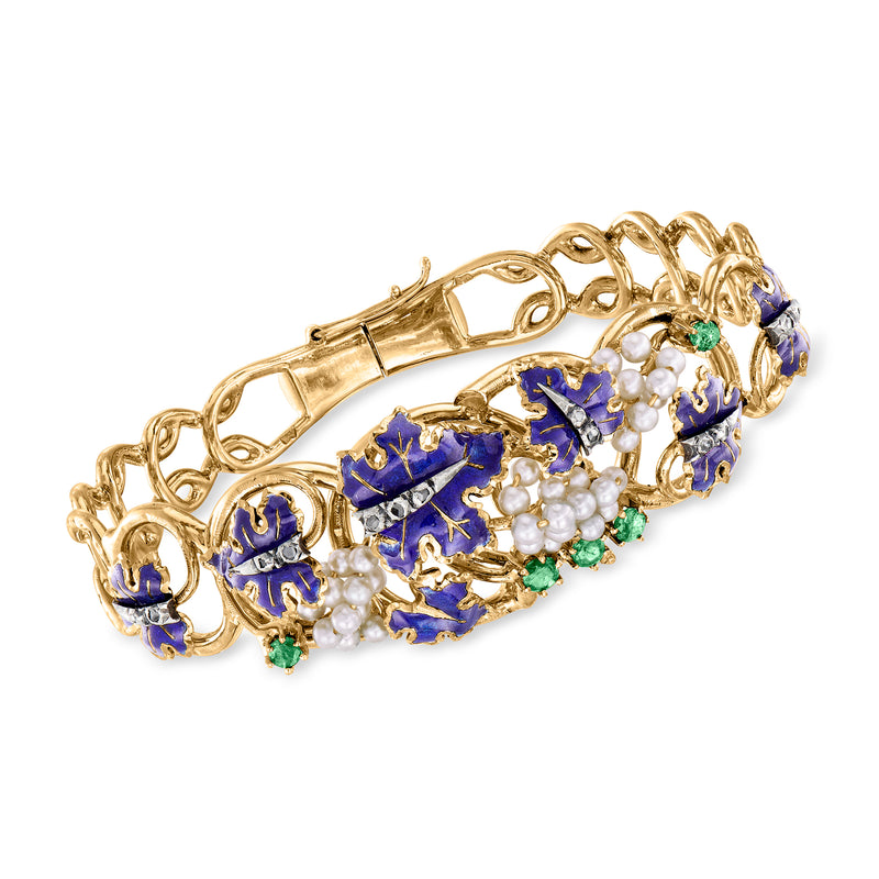 18kt yellow gold grapevine bracelet with blue enamel, cultured pearls, emerald accents