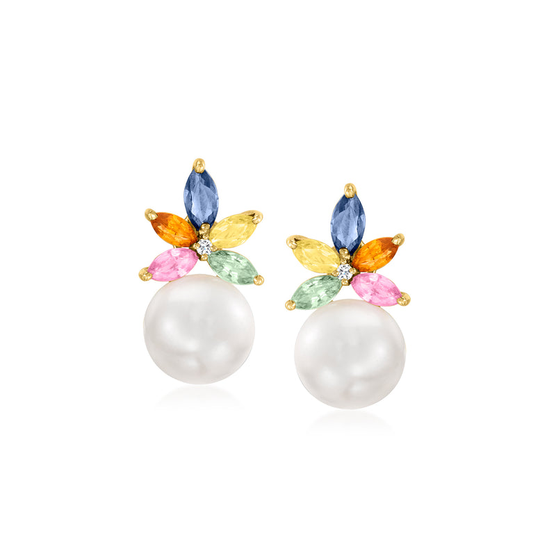 14kt yellow gold pearl drop earrings with multicolor sapphire flower clusters