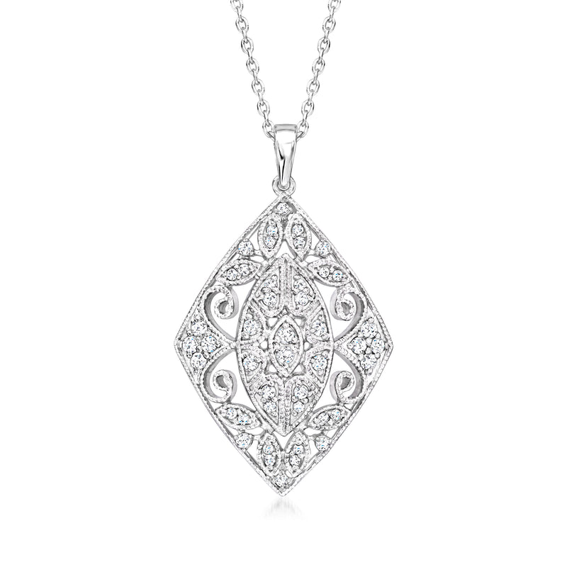 Sterling silver diamond filigree openwork pendant necklace