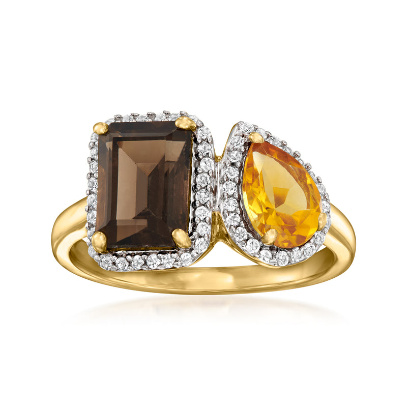 Gold over sterling toi et moi ring with smoky quartz and yellow citrine, diamond halos