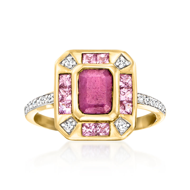 14kt yellow gold ring with rectangular ruby center, pink sapphires and diamond accents